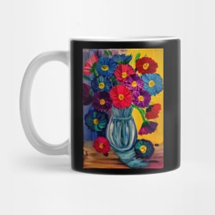 fun and colorful abstract flowers set against a multi-color background Mug